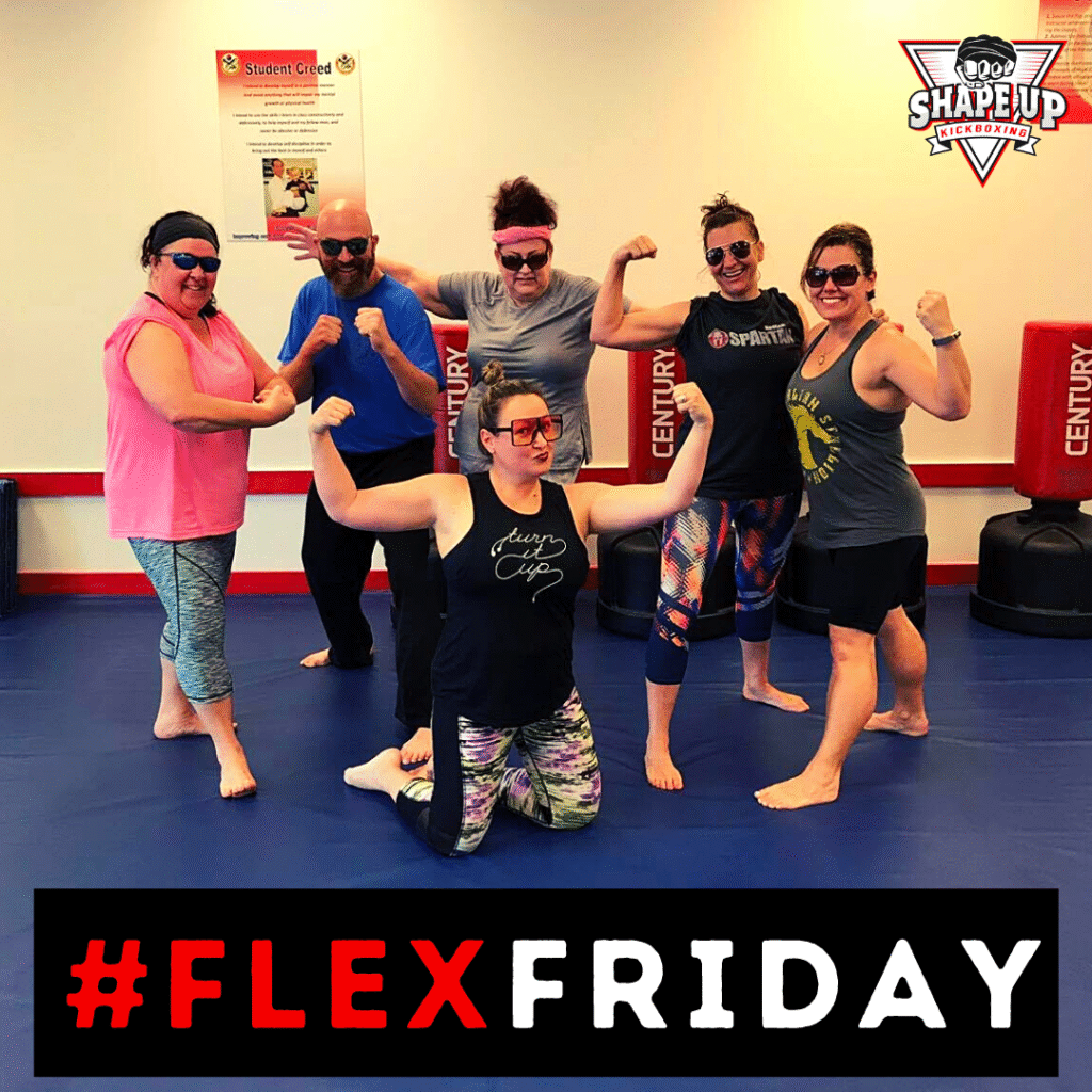 Group kickboxing class in Flowery Branch GA celebrating Flex Friday